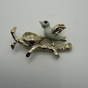 Gerrys Vintage Silver Gold Tone Bird on Branch Brooch Enamel Faux Pearl Nest Pin